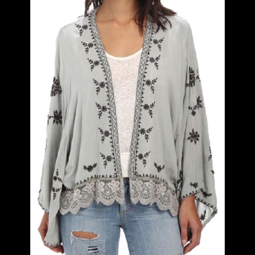 Free People Embroidered Kimono with Lace Trim